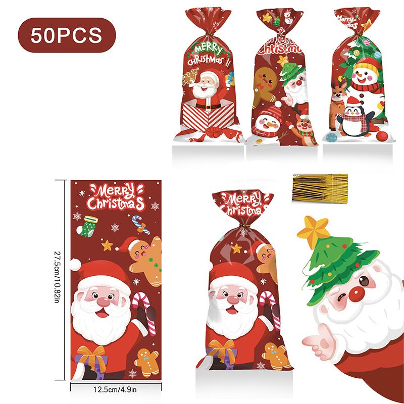 50 Pcs Merry Christmas Cellophane Bags With Twist Ties Xmas Clear Cello Candy Gift Bags New Year'S Eve Christmas Party Decoration