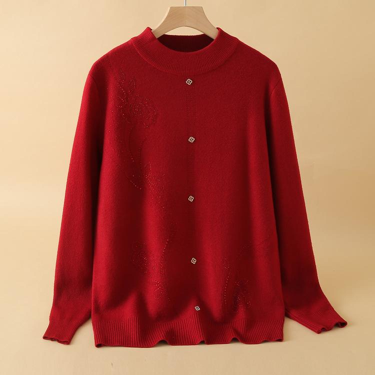 

Mom s New Style Middle-aged and Fashionable Knitted Base Thick Top Plus Velvet Middle-aged and Elderly Autumn and Winter Warm Half-turtleneck Sweater 3XL красный