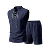 Men Solid Linen 2 Piece Outfit Mandarin Collar Lace Up Sleeveless Tank Drawstring Shorts Beach Set