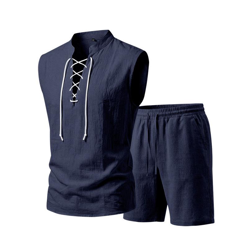 Men Solid Linen 2 Piece Outfit Mandarin Collar Lace Up Sleeveless Tank Drawstring Shorts Beach Set