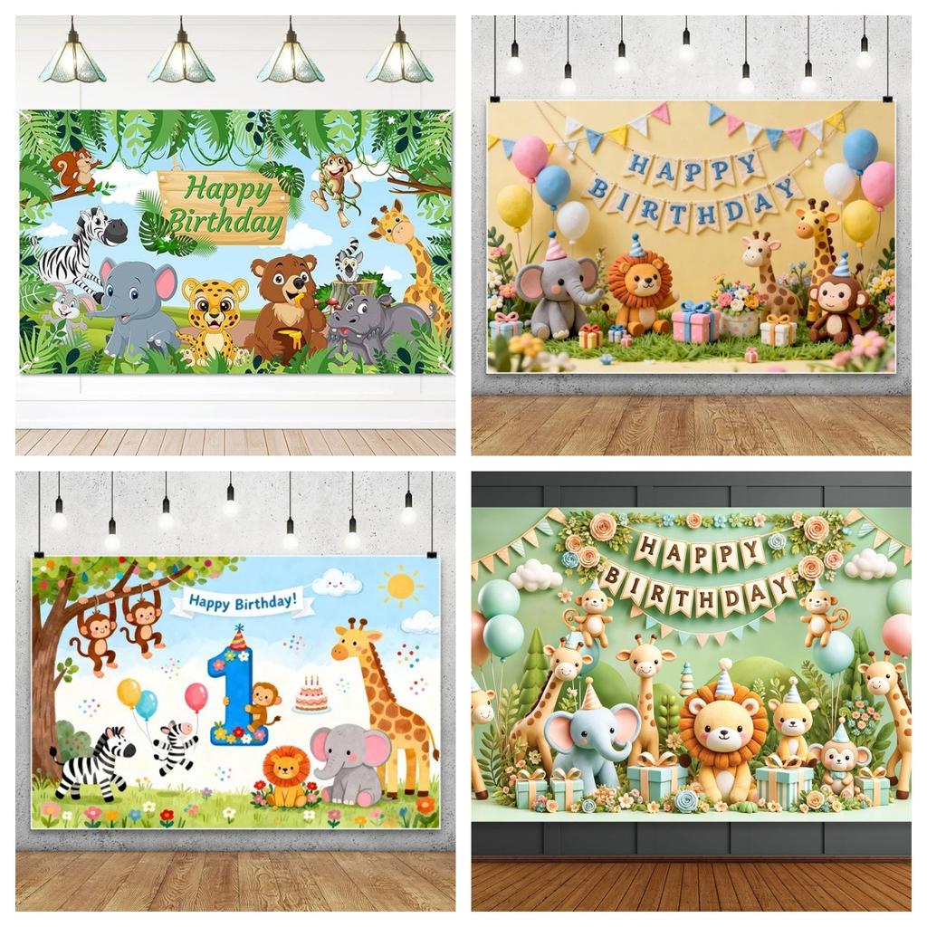 Cartoon Jungle Zoo Children's Birthday Party Decoration Photography Background Cloth Banner