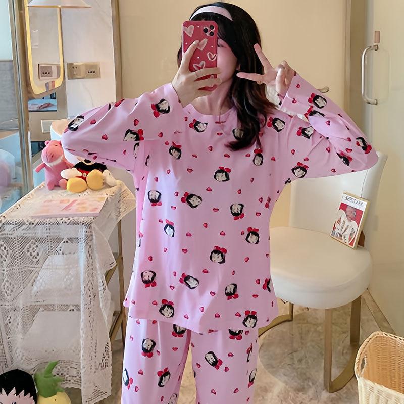 Spring & Autumn Women's Long-Sleeve Pajama Set - Cute Cartoon Design, Plus Size, Cozy Winter Loungewear