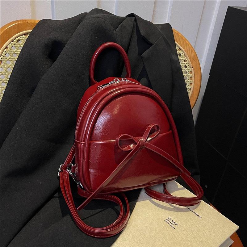 Cute Bow Solid Zipper  Pu Backpack Women'S Simple Waterproof Bag Large Capacity Travel Backpack Girly Student School Bags