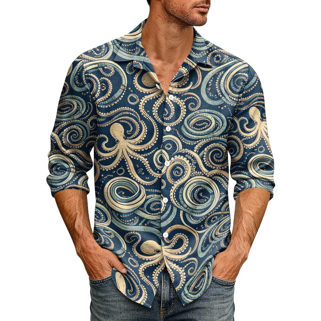 Men's Hawaiian Loose Fit Long Sleeve Button Down Shirt Retro Casual