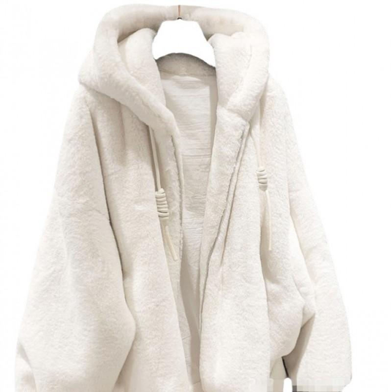 Womens Faux Shearling Hooded Coat Winter Thick Warm Oversized Parka White Plus Size S-XXL