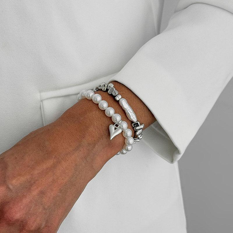4Pcs/Set New Imitation Pearls Metal Heart Pendant Bracelets Women Fashion Creative Sliver Color Cube Chain Jewelry Gifts