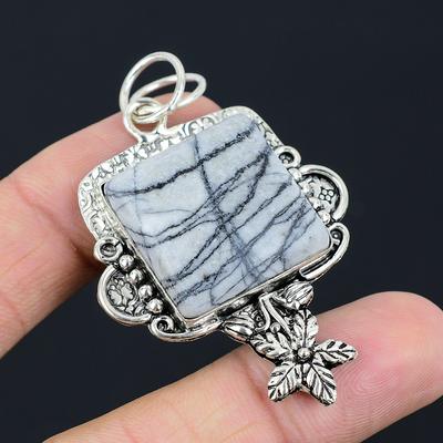 Spider Web Jasper Gemstone Anniversary Flower Pendant Jewelry Sterling Silver