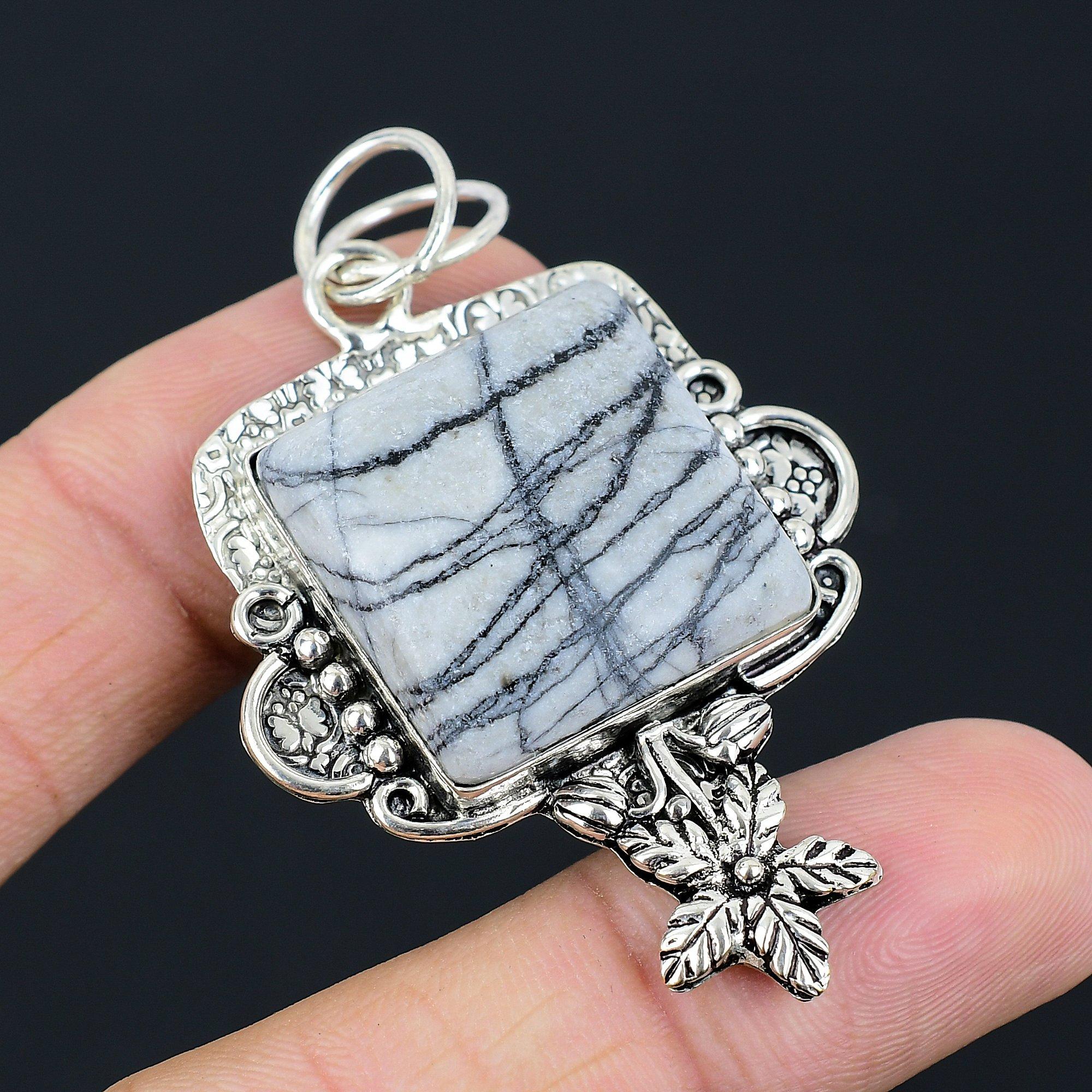 Spider Web Jasper Gemstone Anniversary Flower Pendant Jewelry Sterling Silver