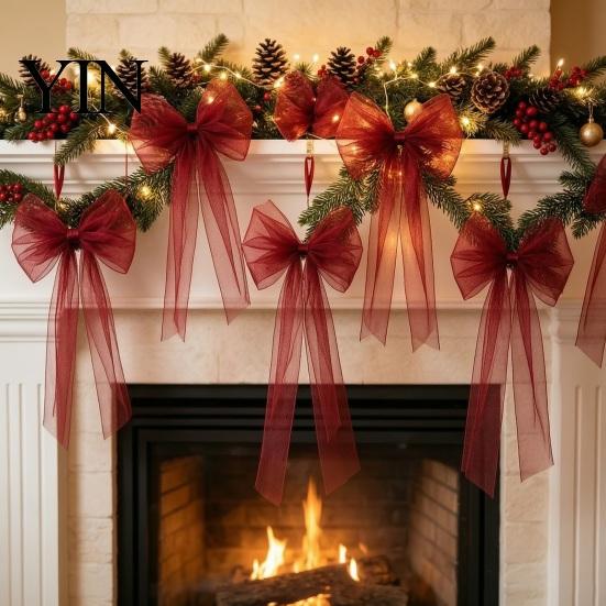 Elegant Ribbon Bows for Party Decor Tulle Bow Christmas Tree Decoration, Pre-tied Gauze Mesh Transparent Floral Arrangements Xmas Tree, Wreath,