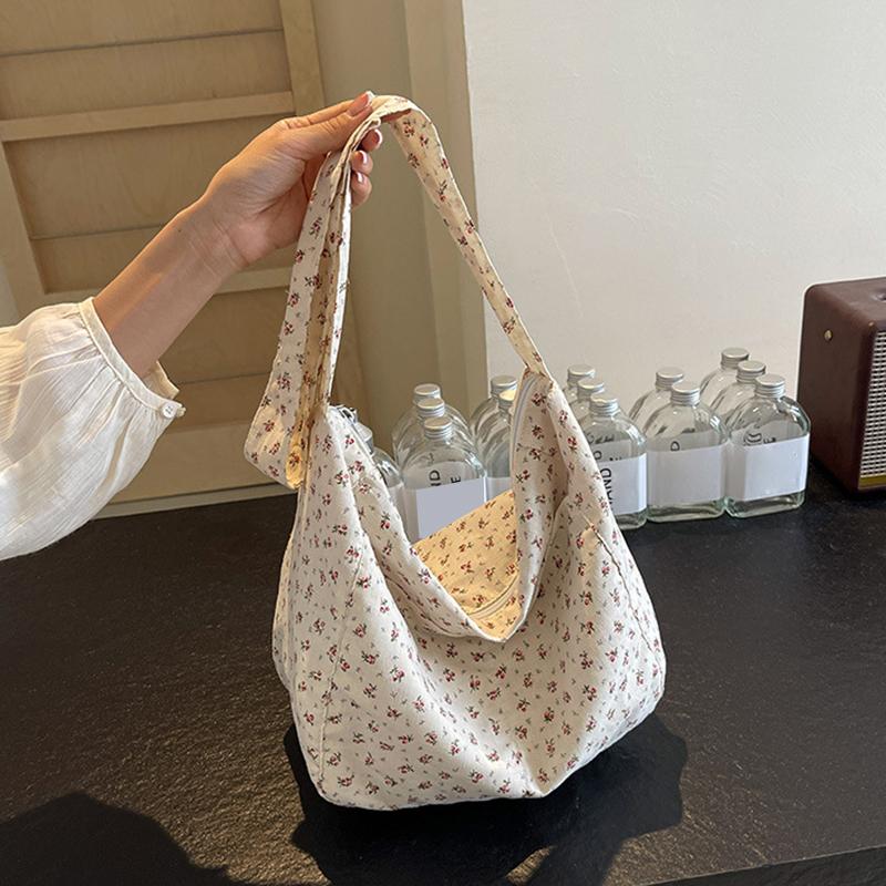 Floral Canvas Hand Washable Tote Bag for Women Large Capacity Zipper Closure Casual Shoulder Crossbody Bag CLE
