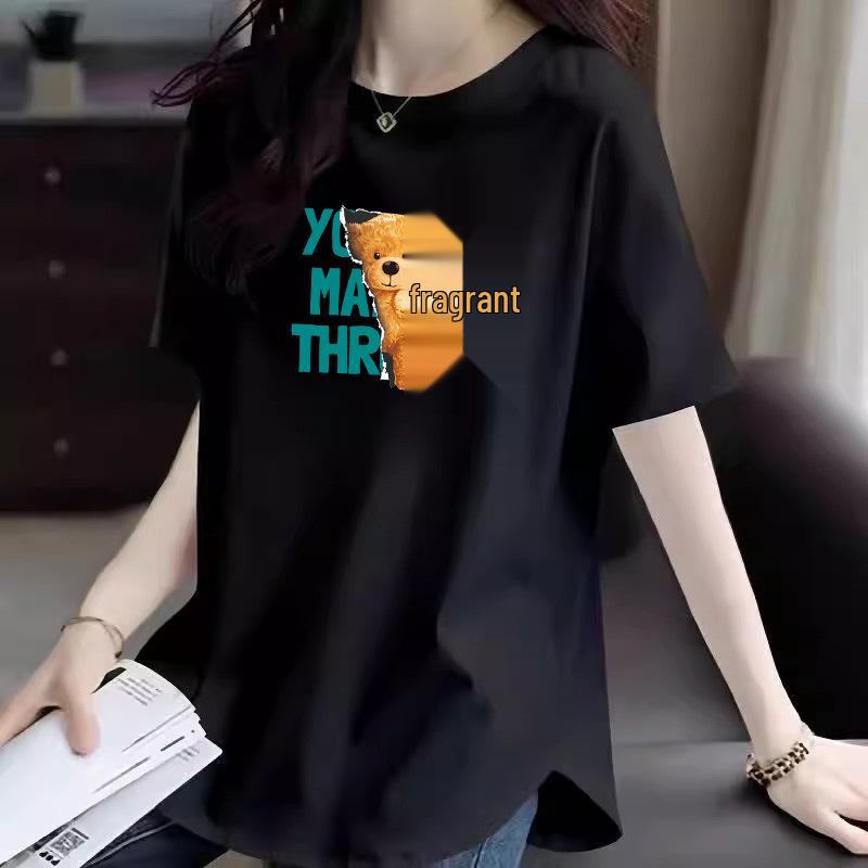 Damen Sommer 2025 Reines Baumwoll T-Shirt mit Rundhalsausschnitt, Print, abgerundetem Saum und kurzen Ärmeln - Trendiger lockerer Schnitt