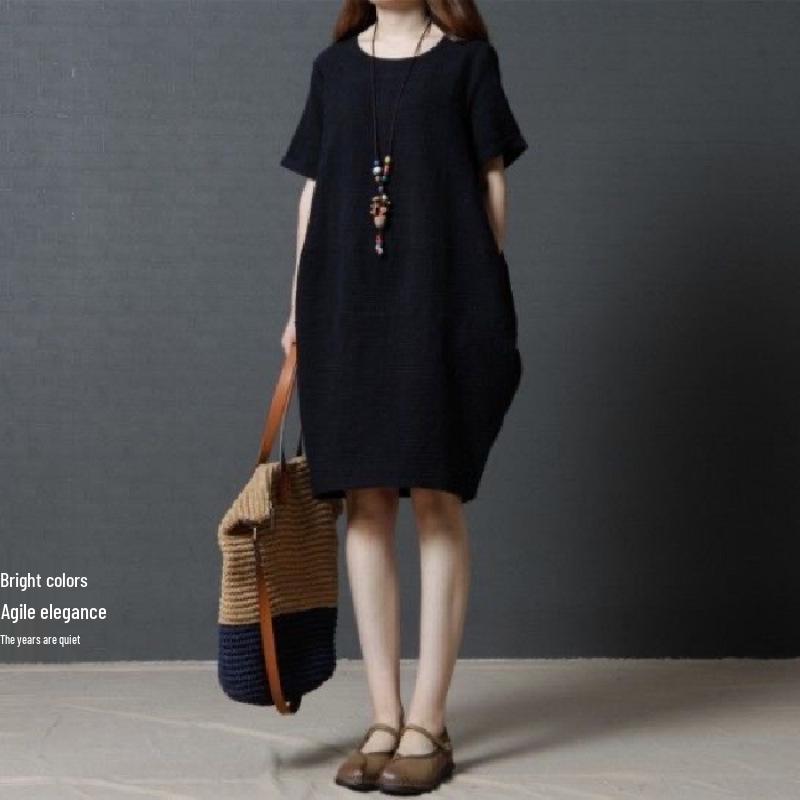 Korean Style Loose Plus Size Cotton Linen Short Sleeve Dress - Casual and Slimming 2XL