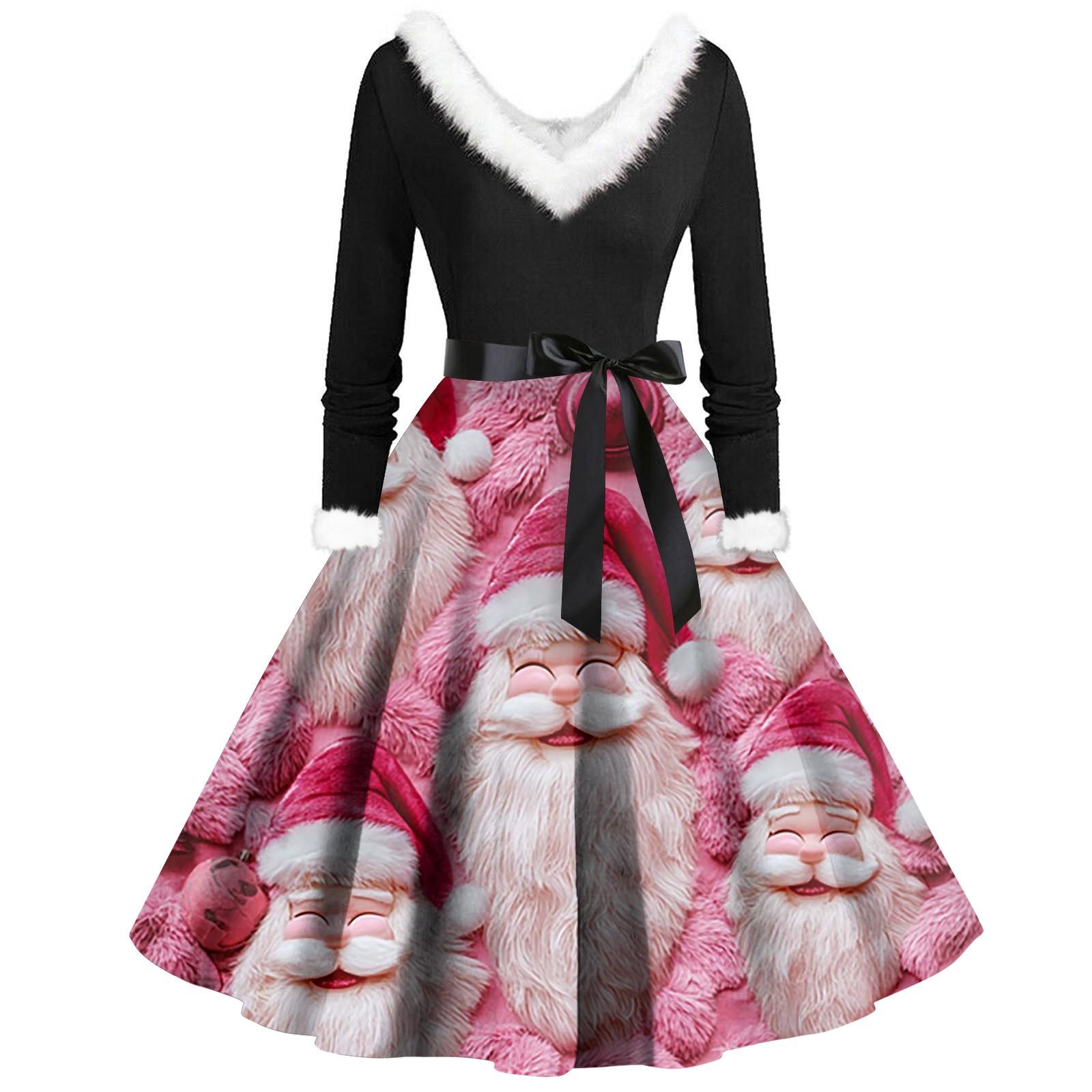 

Женские повседневные модные плюшевые платья с V-образным вырезом и рождественским принтом XXXL розовый