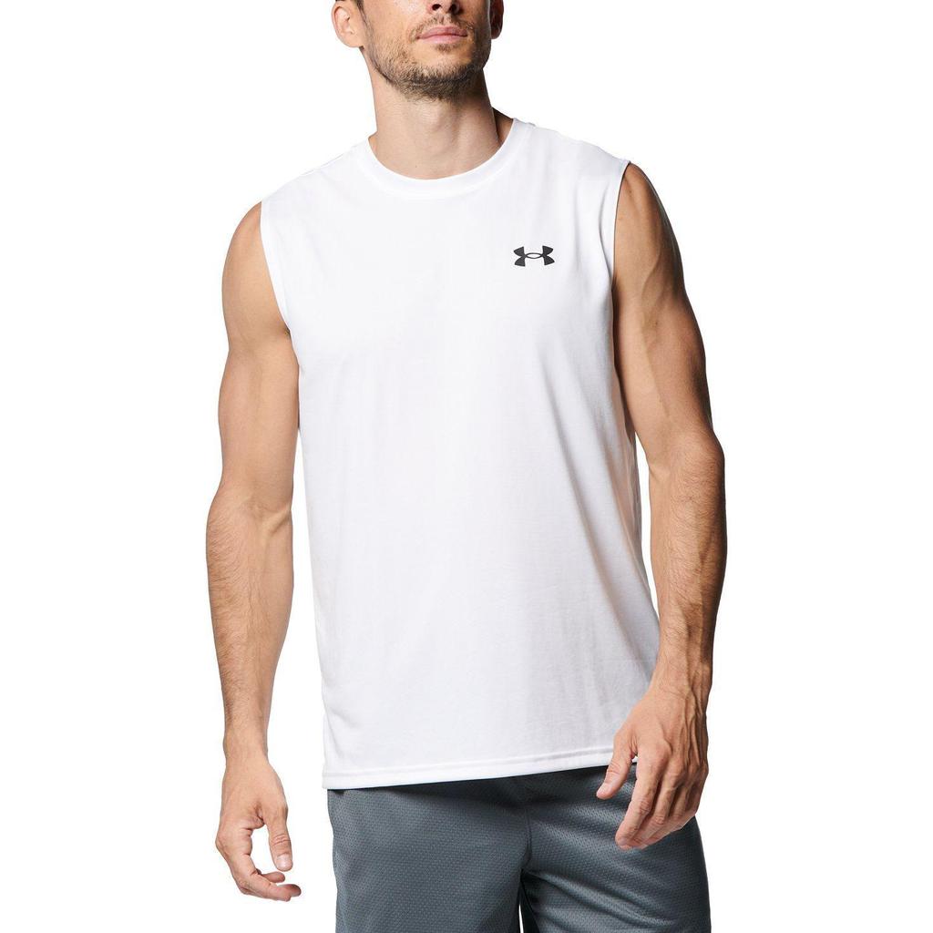 Under Armour Solid Logo Crew Neck Quick-Dry Sleeveless T-Shirt Men Tops White 1367452-100