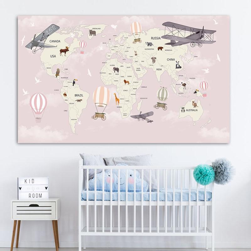 Cartoon Ocean Animal World Map Wall Art Canvas Painting Nordic Posters And Prints Nursery Wall Pictures For Kids Room Decoration