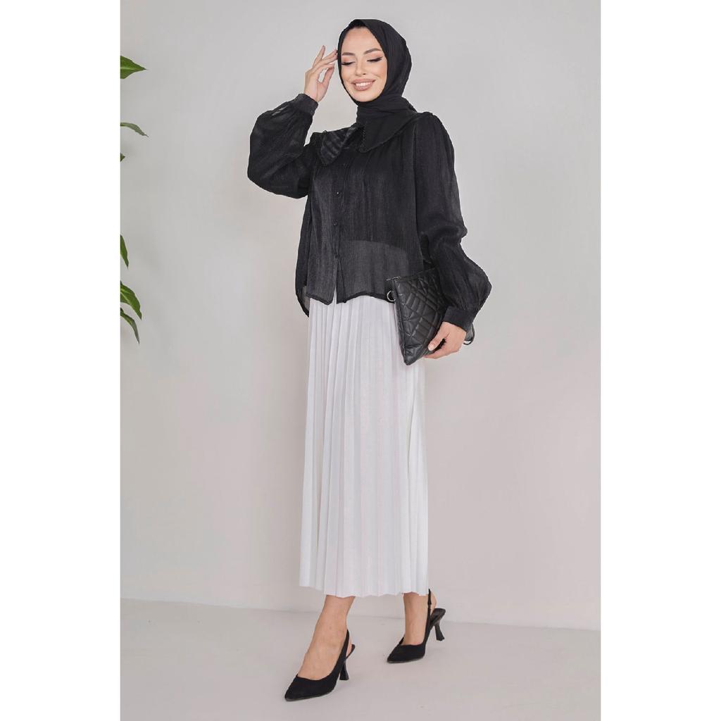 Fusta neagră plisată pentru femei, medie, simplă - 23036