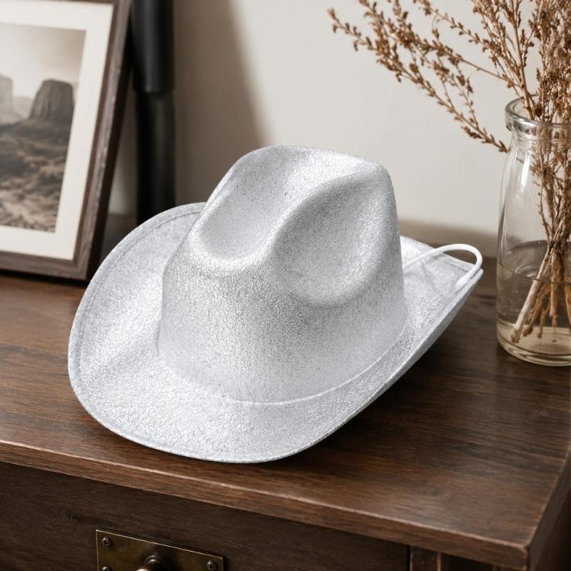 Kids Glitter Western Panama Hat Party Accessory with Broad Edge and Pinched Top for Costume Shows, Dance Recitals, Photo Fun