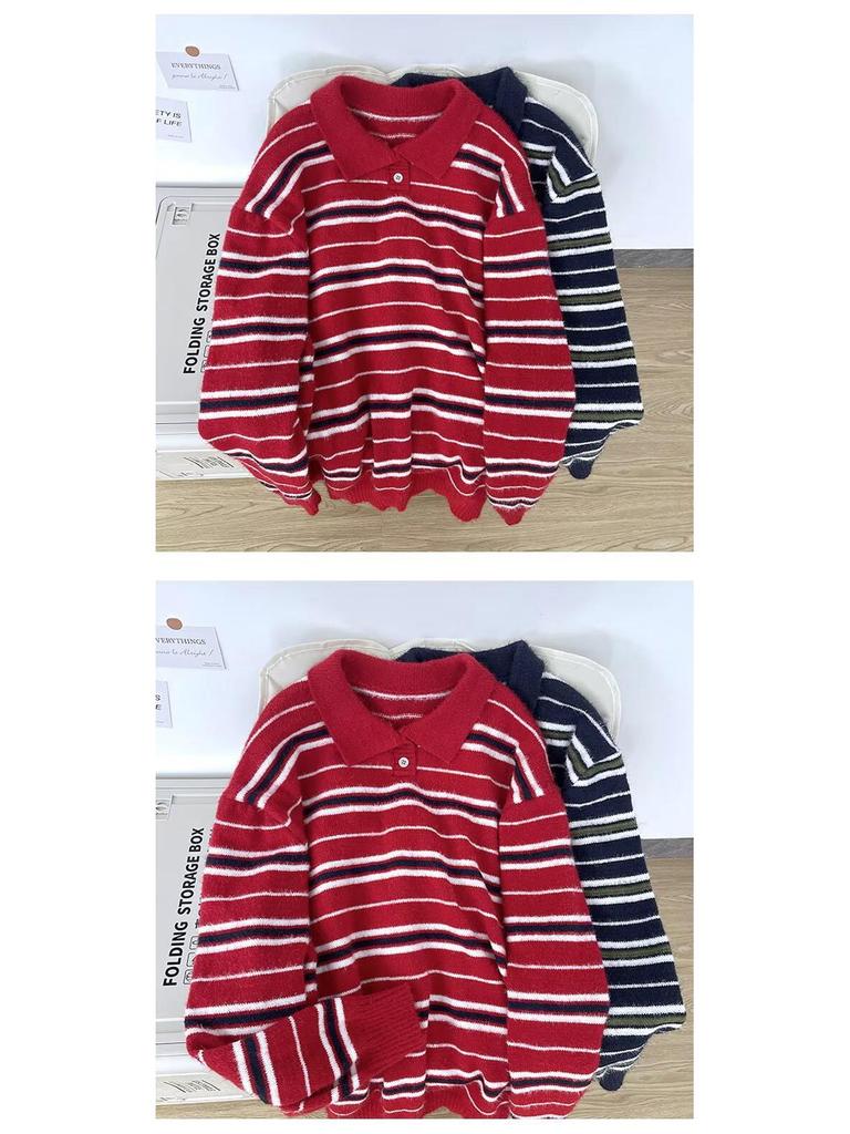 Men's Autumn/Winter High-End Retro Polo Collar Striped Mink Fur Sweater