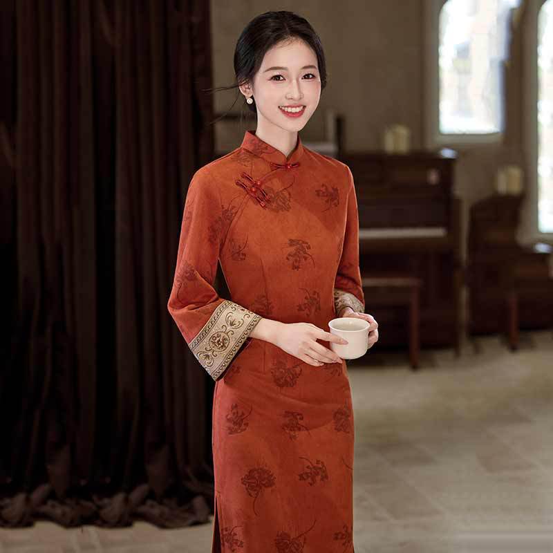 Orange national style new Chinese long autumn long-sleeved cheongsam improved young women's high-end sense retro slim spring and autumn