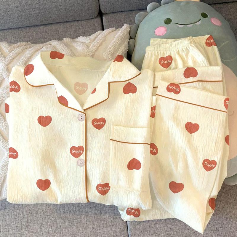 

Пижама с длинным рукавом Wind Girl Love Женская Весна-Лето Высококачественный Повседневный Комплект Домашней Одежды из Мятой Ткани 2XL