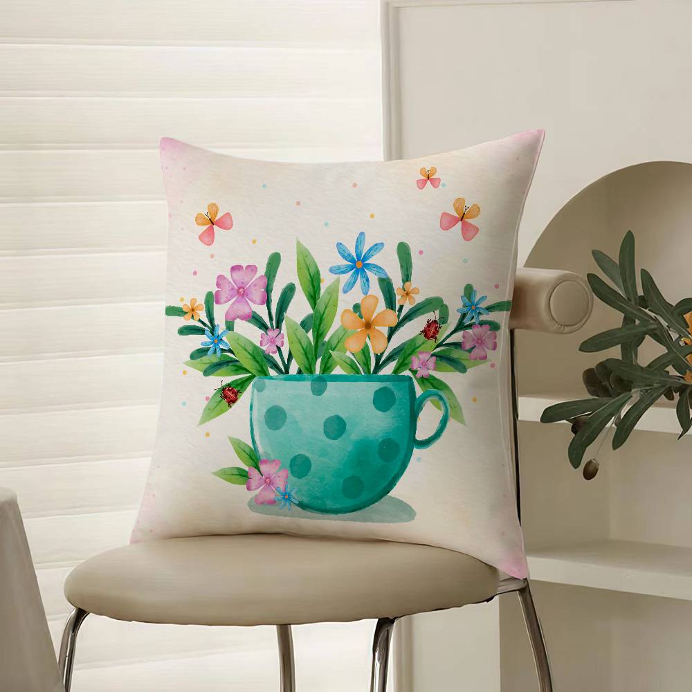 Painting Cup of Flowers Pillow Case Comfort Sofa Bed Silky elegant Invisible zipper Decorative cushion cover