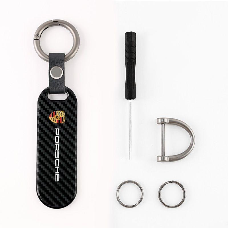 Car Carbon Fiber Keychain Horseshoe Buckle Jewelry For Porsche 911 718 Cayenne Cayman Panamera Macan Taycan Boxster Accessories