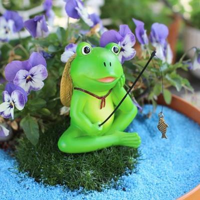 Cartoon Fishing Frog Figurine Resin Crafts Green Mini Frog Sculpture Handicraft Cute Planter Frog Statue Outdoor Courtyard Pond