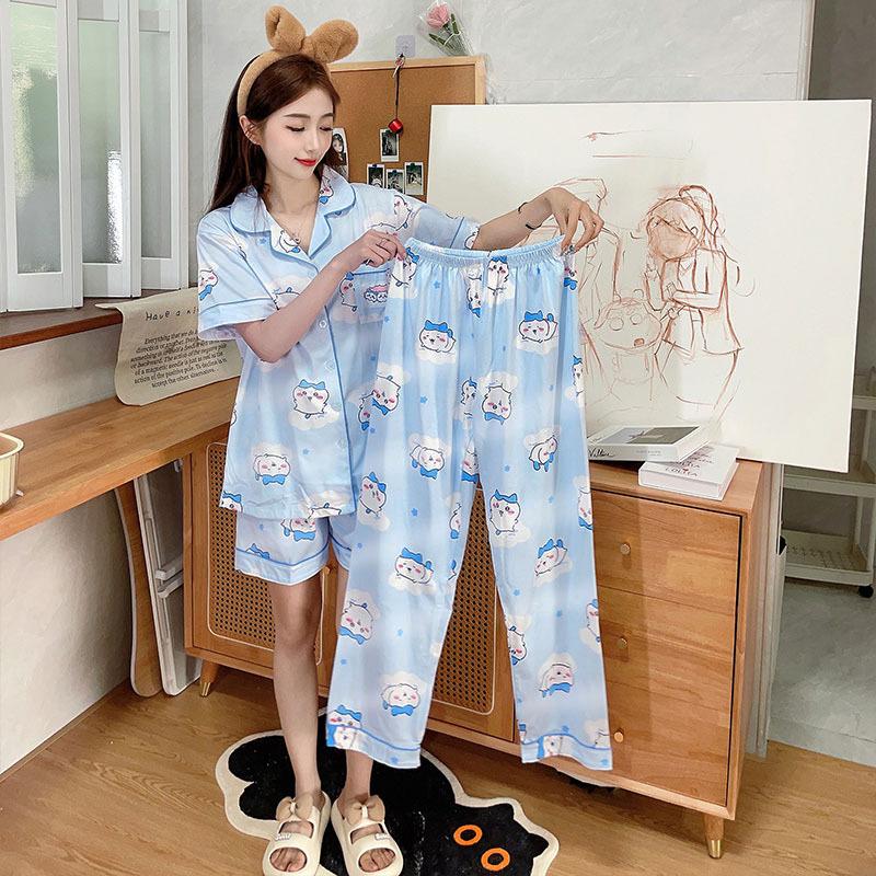Chiikawa Pajamas Three-piece Set Summer Women's Short-sleeved Trousers Cute Usaki Small Eight Loungewear Spring and Autumn