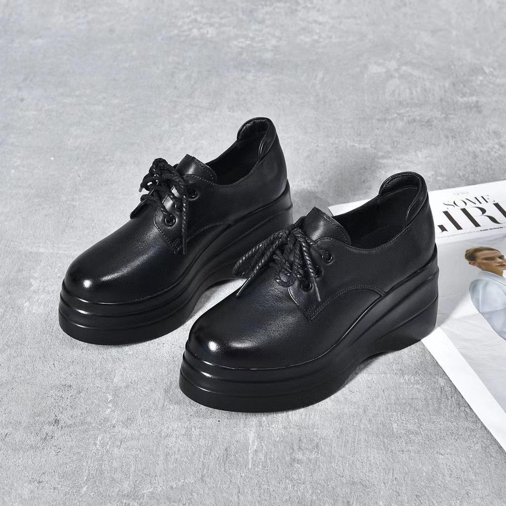 Platform Shoes Women's 2025 Spring New Round Head Lace-up Muffin Heel Women's Shoes First Layer Cowhide Leisure College Style Single Shoes
