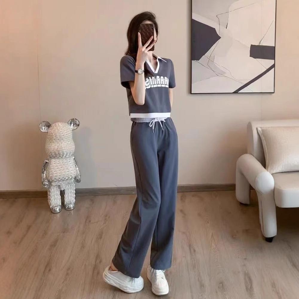 Fashion Casual Suit for Women Summer Sweet and Spicy Polo Collar Short-sleeved Top Drapey Trousers Two-piece Set 2XL серый