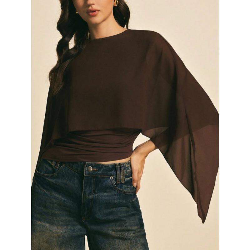 

Women Irregular Pleated Covers New Slim Fit Short Blouse Fashion O-neck Elegant T-shirt Spring Loose Solid Color Casual Crop Top S кофейный