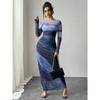 Spot European and American Fashion Mesh Printing Pleated Sexy Tight Crew Neck Dress