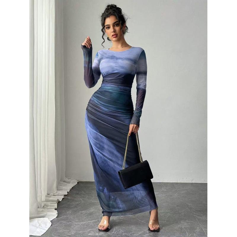 Spot European and American Fashion Mesh Printing Pleated Sexy Tight Crew Neck Dress