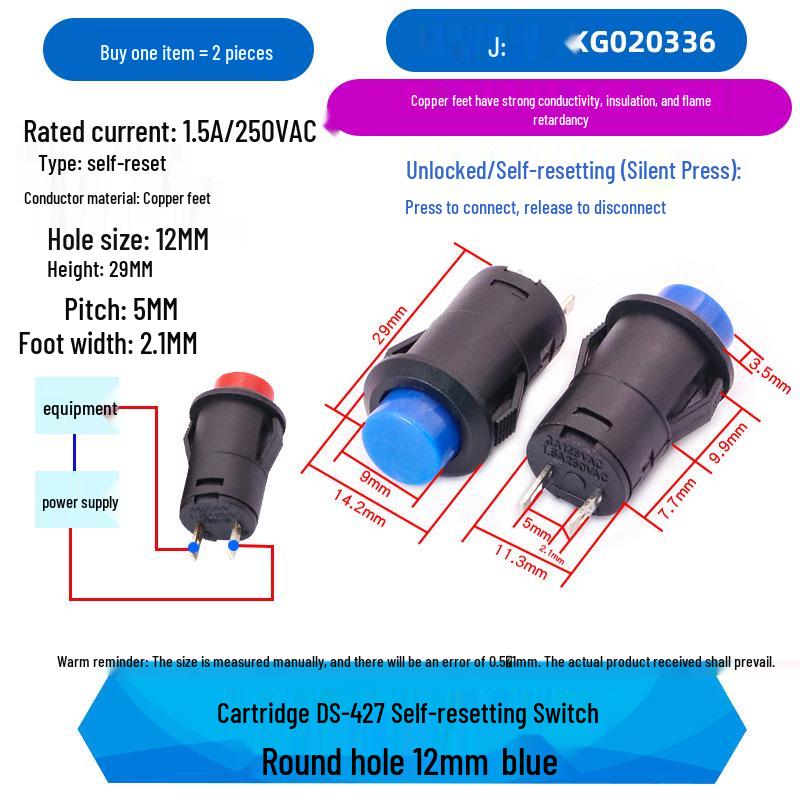 Round Button DS-427/428 Pushbutton Switch: 12-Unlocked, Self-Resetting, Locking/Momentary 