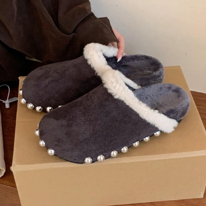 Fashion Fashion String Bead Decorative Slippers for Women High-Quality Faux Suede Designer Shoes Winter Warm Fluffy Home Cotton Slippers