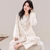 2025 Herbst Damen Pyjama Set aus reiner Baumwolle - Langarm, Druck im nationalen Stil, doppellagiger Musselin, Cardigan und Hose
