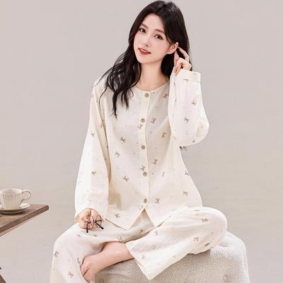 2025 Autumn Women's Pure Cotton Pajama Set - Long Sleeve, National Style Print, Double Layer Gauze, Cardigan and Pants