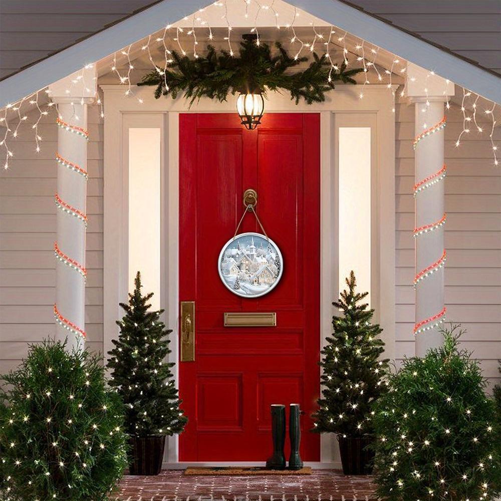 Rustic Christmas Wooden Sign with Snow House Pattern - Navidad Round Sign for Front Door, Wall Hanging Decor - Ideal Christmas Decoration