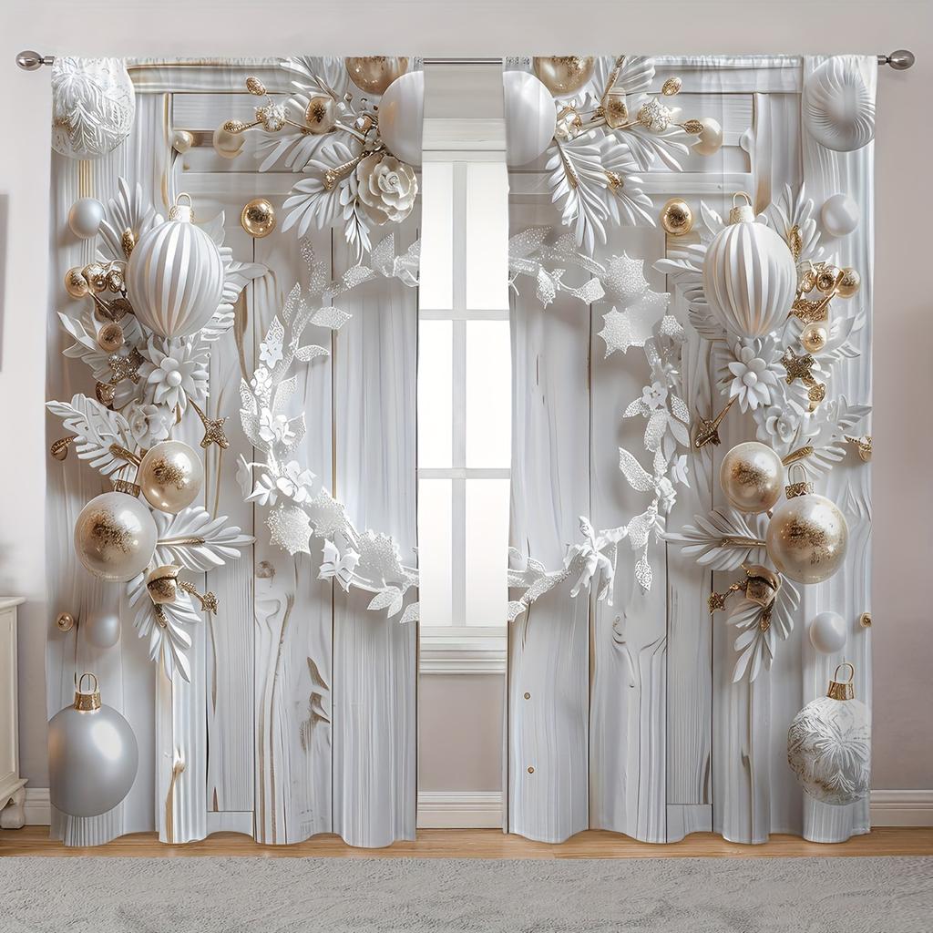 2PCS Elegant Cortinas Gold and White Christmas Ball Christmas Tree Snowman Print Curtains for Bedroom Living Room Decoration
