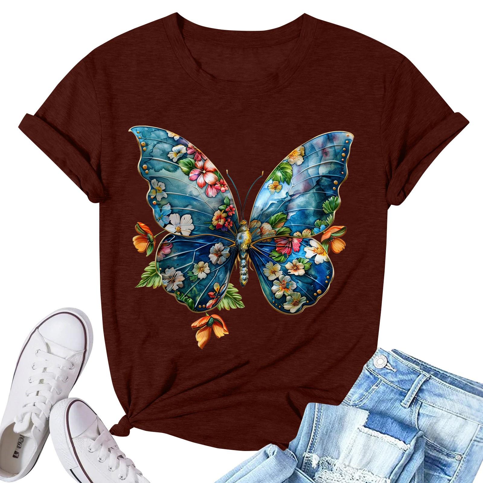 

Women s Fashion Printed Casual Pleated Round Short Sleeve T-Shirt Top M