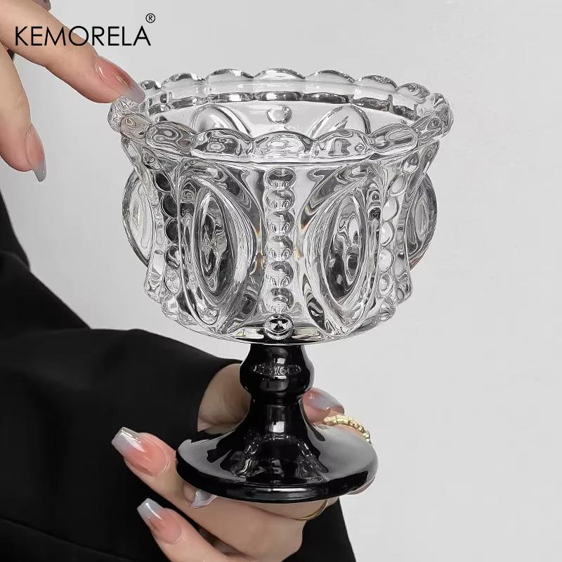  1/2 st retro präglad hög glaskopp whiskymugg ​​svart kristall hem kreativ kaffe glass yoghurt dessertbägare