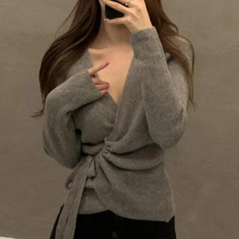 Podzimní korejský ležérní svetr Dámské Šňůrka Úzký Dlouhý rukáv Módní Svetr Design Cardigan Pletené zboží Elegantní topy 30319