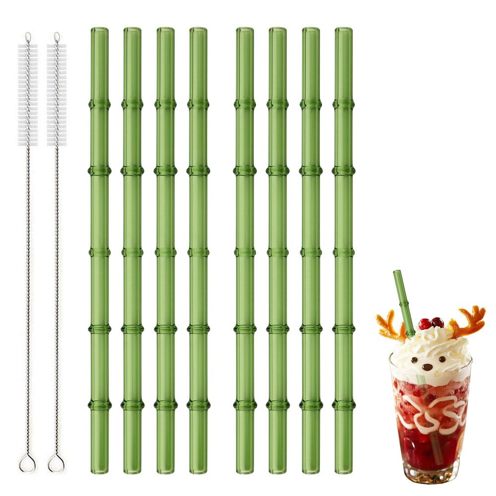 

8-piece Reusable Glass Straws Set with 2 Cleaning Brushes Cute Bamboo-jointed Shape Drinking Straws Set for Milk, Coffee, Juice, Tea, Cocktails Geen Straight straw - 8pcs зелёный