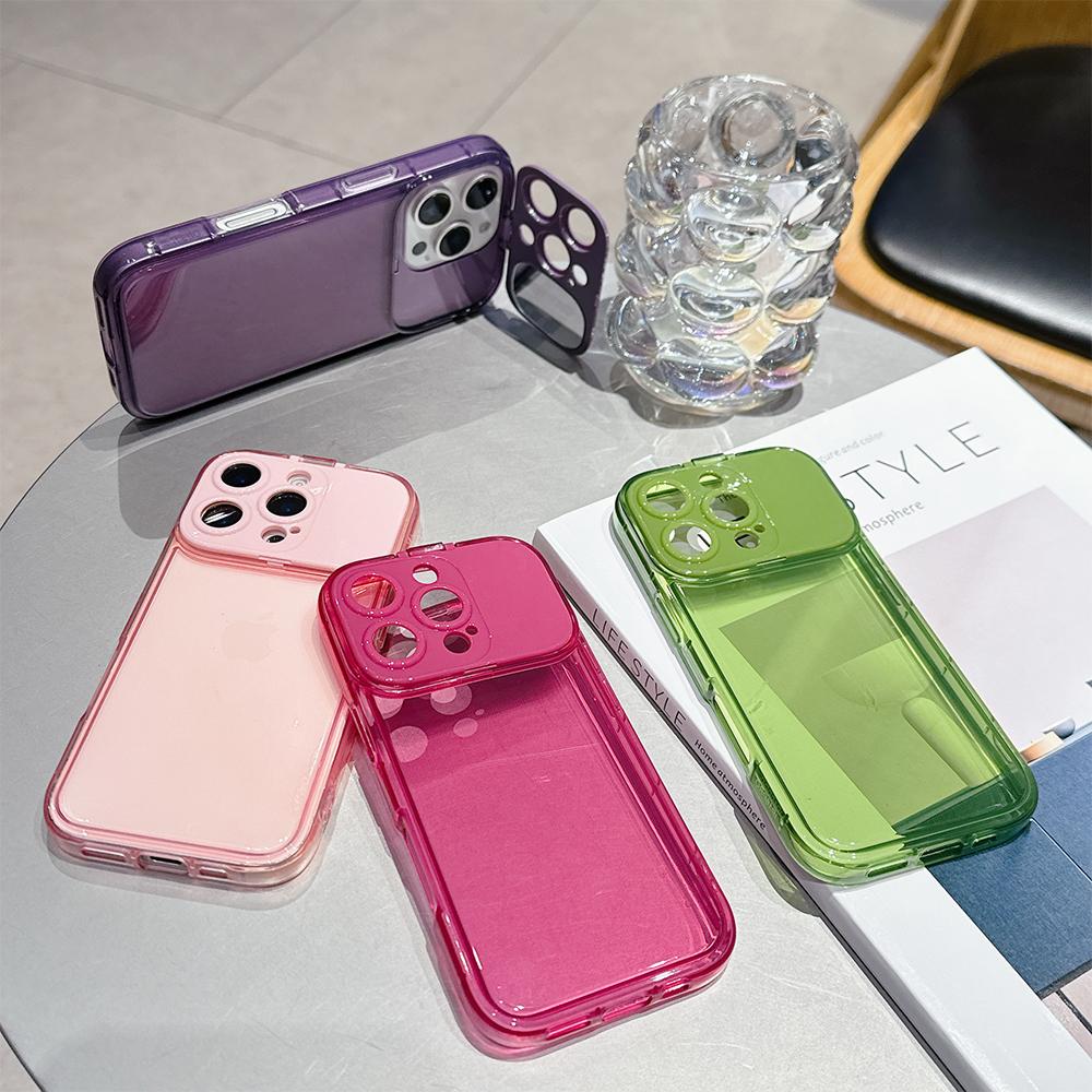 Candy Color Mirror Stand Holder Transparent Phone Case For iPhone 7 8 11 12 13 14 15 16 Plus Pro X XS XR Max