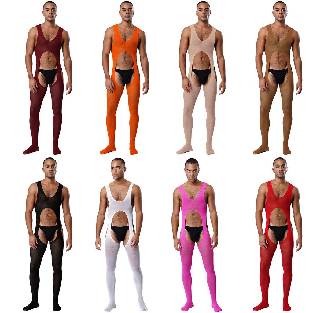 Mens See Through Sheer Jumpsuit Sleeveless Hollow Out Opening Crotch Bodysuit