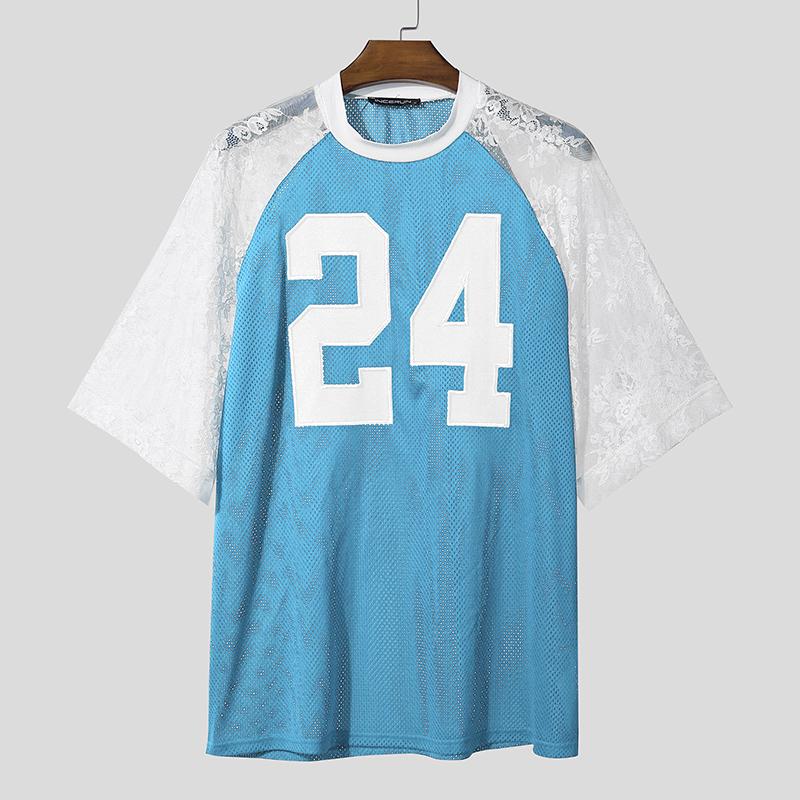 INCERUN Men Lace Patchwork Short Sleeve Letter Print Hollow Out Casual T-shirts Tops