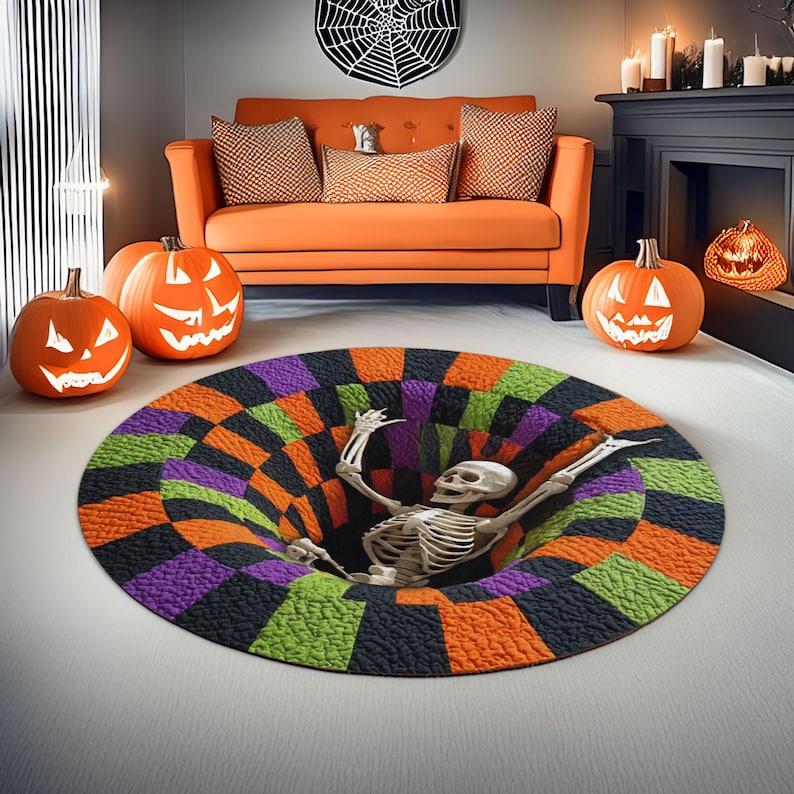 Printed 3d effect Skeleton Halloween Round Rug, Spooky Ghost Welcome Doormat, Creepy Bone Pattern Carpet for Indoor Decor