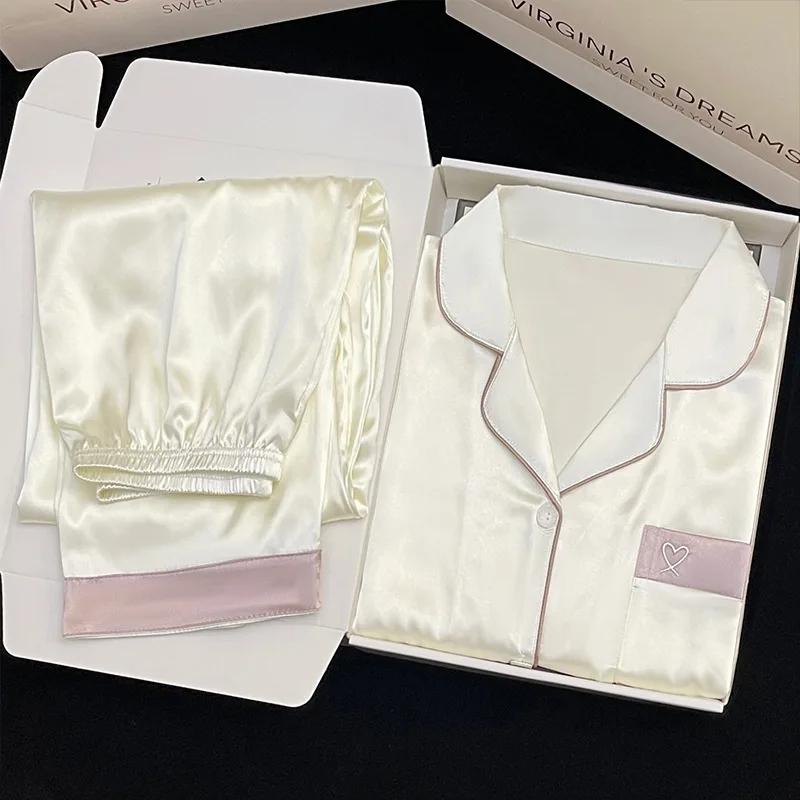 High Quality Light Luxury Ice Silk Pajamas Women's Pajama Spring and Autumn Style Long Sleeve Home Set Nightwear