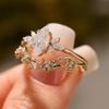 Exquisite Sparkling Droplet Shaped Inlaid Zircon Leaf Flower Ring, Suitable for Women's Banquet Party Accessories and Gifts