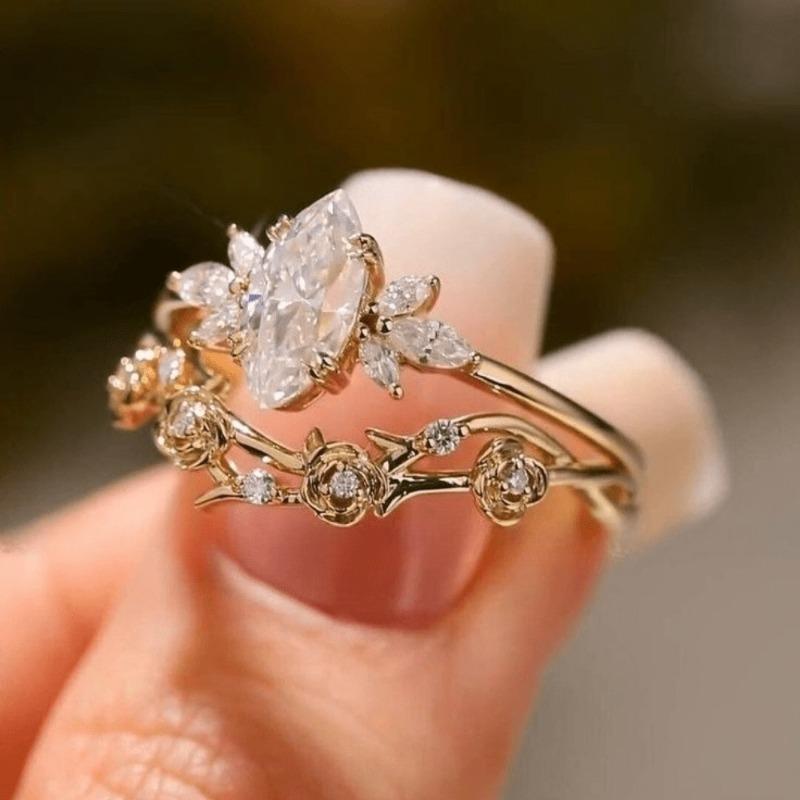 Exquisite Sparkling Droplet Shaped Inlaid Zircon Leaf Flower Ring, Suitable for Women's Banquet Party Accessories and Gifts